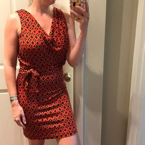 DVF 100% Silk Cowl Neck Tie Waist Geometric Dress